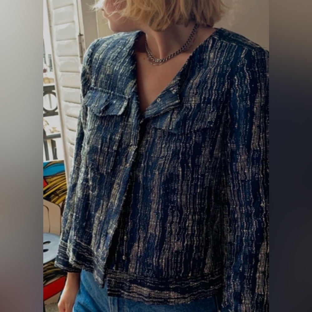 J. Crew Blue and White Textured Top